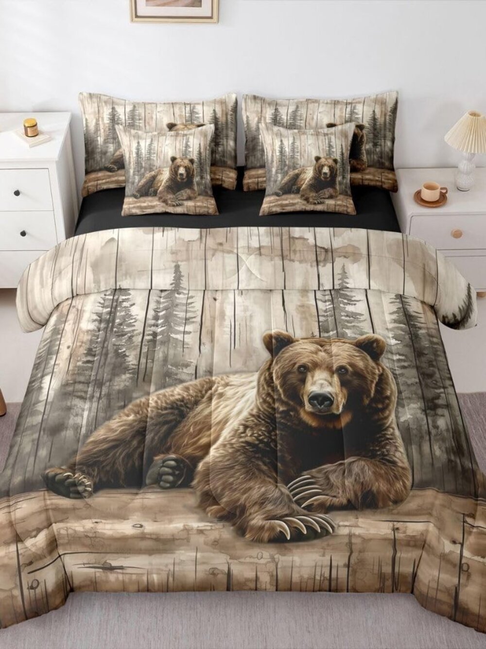 Brown Bear Full Comforter Set with Sheets 7 Piece Rustic Farmhouse Cabin Bed in